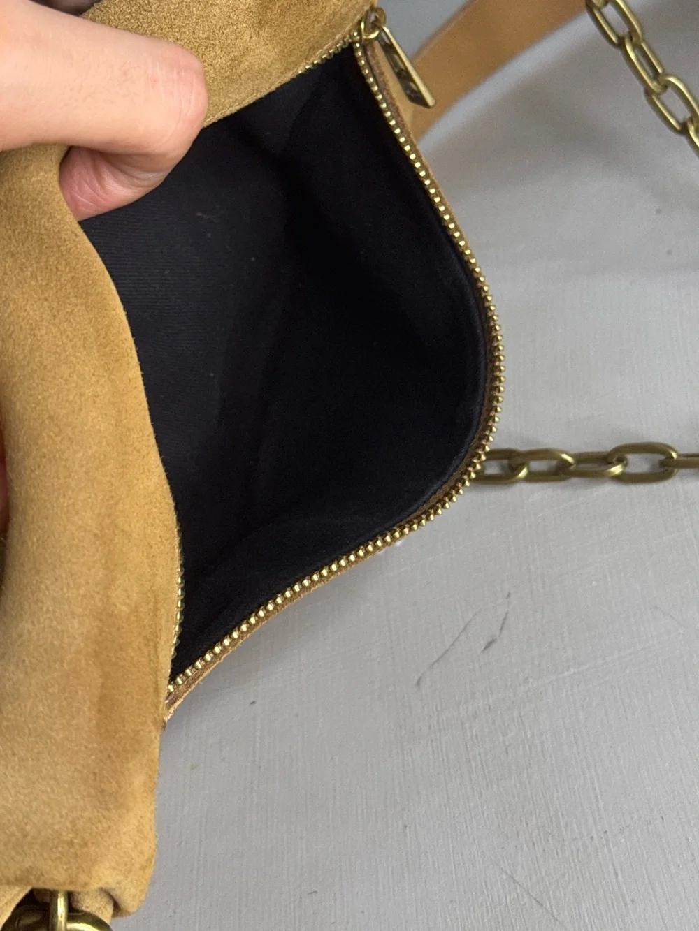 Zadig & Voltaire Rocky Suede Bag Tan Crossbody Clutch Gold Chain Calf Leather